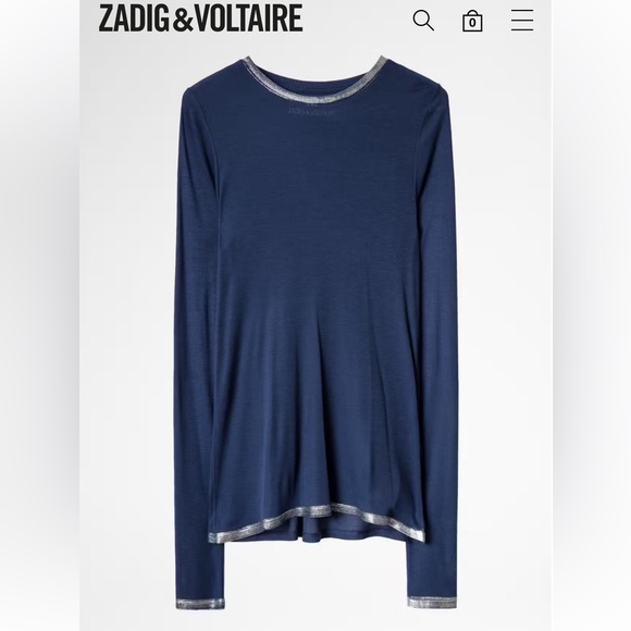 NWOT Zadig & Voltaire Willy Foil T-Shirt Navy Long Sleeve Silver Foil Tee, XS - Picture 2 of 14